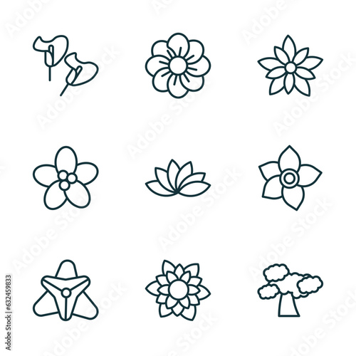 set of 9 linear icons from nature concept. outline icons such as calla, pansy, nymphea, gladiolus, dahlia, shadbush tree vector