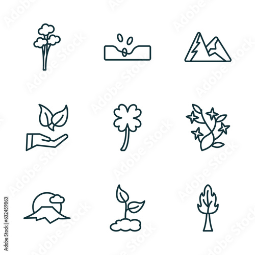 set of 9 linear icons from nature concept. outline icons such as quaking aspen tree, sow, snowed mountains, sun fuji mountain, grows, the maples tree vector