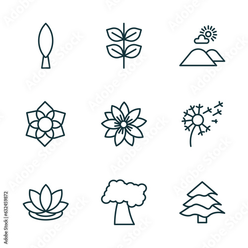 set of 9 linear icons from nature concept. outline icons such as cypress, pinnate, hills, lotus flower, black cherry tree, balsam fir tree vector