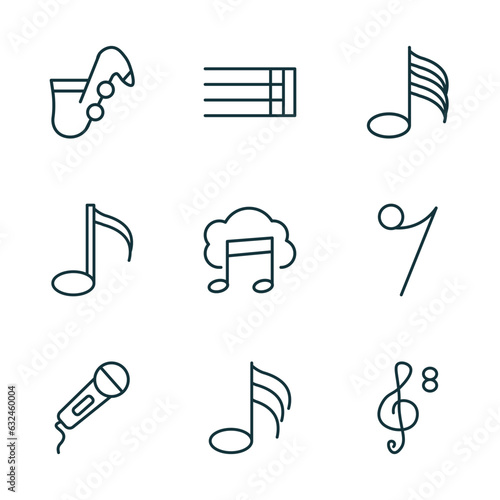 set of 9 linear icons from music and media concept. outline icons such as jazz, bold double bar line, hemidemisemiquaver, hand mic, thirty second note, octave clef vector