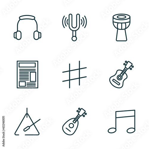 set of 9 linear icons from music and media concept. outline icons such as music player headphones, diapason, timpani, music triangle, mandolin, eighth note vector