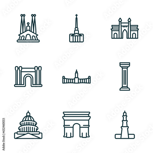 set of 9 linear icons from monuments concept. outline icons such as spain, cathedral, gat of india, united states capitol, arc of triomphe, qutb minar in new delhi vector