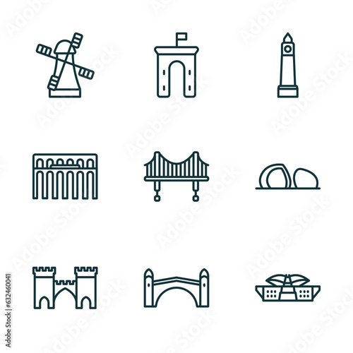set of 9 linear icons from monuments concept. outline icons such as kinderdijk windmills, ejer baunehoj, clock tower, medieval, stari most, dpr/mpr building vector