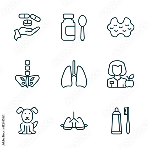 set of 9 linear icons from medical concept. outline icons such as drugs, syrup medicine bottle, thyroid gland, canine, breath control, brush with tooth paste vector