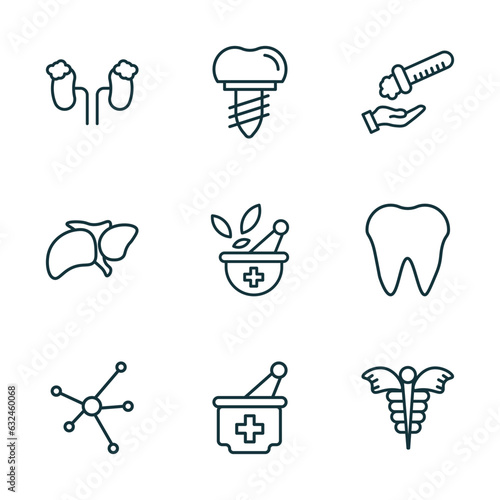 set of 9 linear icons from medical concept. outline icons such as adrenal gland, implants, acid falling on hand, molecular structure, medicines bowl, caduceus vector