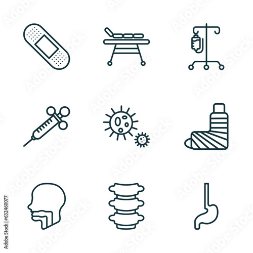 set of 9 linear icons from medical concept. outline icons such as sticking plaster, table of treatments, perfusion, pharynx, vertebra, esophagus vector