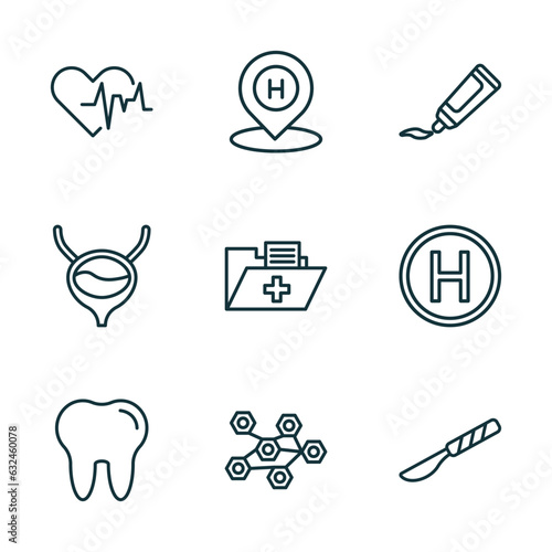 set of 9 linear icons from medical concept. outline icons such as cardiogram, hospital placeholder, ointment, molar tooth, three hexagons cell, scalpel vector