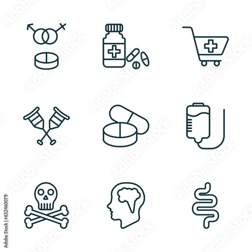 set of 9 linear icons from medical concept. outline icons such as united heterosexual, pills jar, phary shopping cart, skull and bone, brain in bald male head, intestines vector