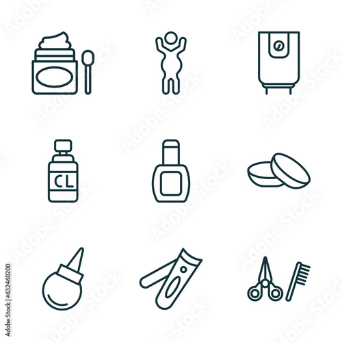 set of 9 linear icons from hygiene concept. outline icons such as scrub up, body shaming, water heater, l aspirator, nail clippers, grooming vector