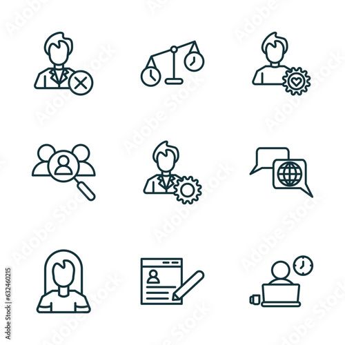 set of 9 linear icons from human resources concept. outline icons such as fired, time balance, emotional intelligence, women, job application, working vector