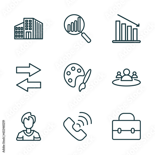 set of 9 linear icons from human resources concept. outline icons such as company, analysis, attrition, man, call, career vector
