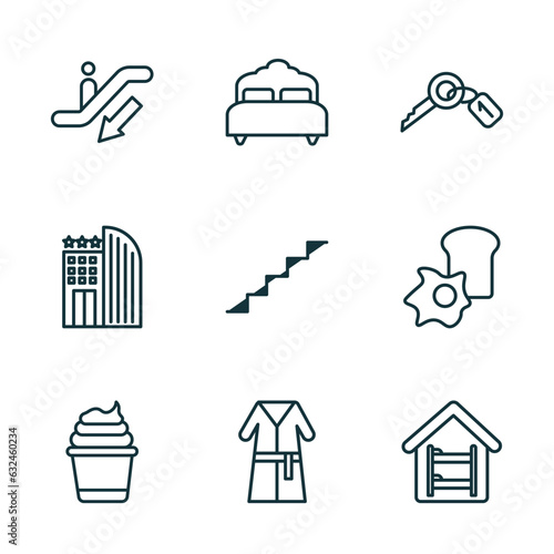 set of 9 linear icons from hotel and restaurant concept. outline icons such as or down, beds, room key, frozen yogurt, bathrobe, hostel vector