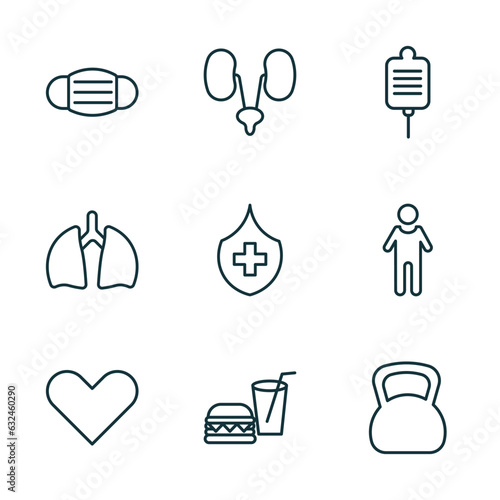 set of 9 linear icons from health and medical concept. outline icons such as medical mask, urology, salt, heart, fast food, kettlebell vector