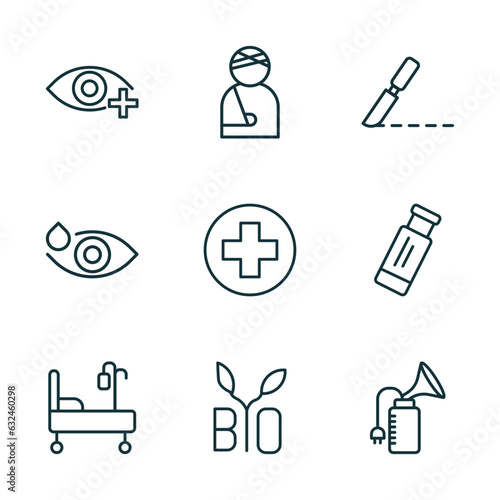 set of 9 linear icons from health and medical concept. outline icons such as ophthalmology, injury, surgery, hospital bed, bio, breast pump vector