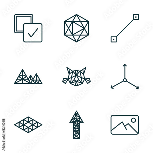 set of 9 linear icons from geometric figure concept. outline icons such as select all, icosahedron, lengthen, polygonal rhomb, polygonal arrow up, background vector