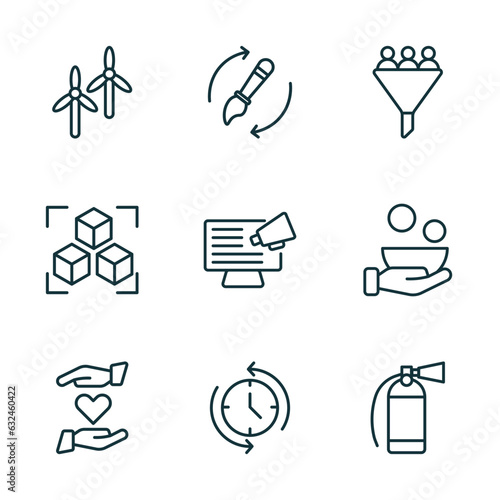 set of 9 linear icons from general concept. outline icons such as renewable energy label, brush history, lead conversion, heart between hands, rewind time, fire estinguisher vector