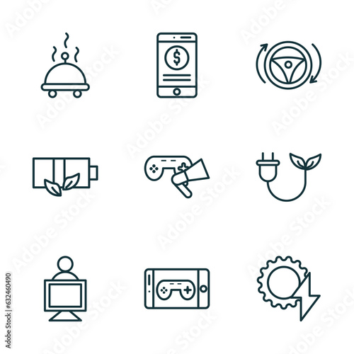 set of 9 linear icons from general concept. outline icons such as food delivery, digital banking, autopilot, coworking, ar game, energy efficiency vector