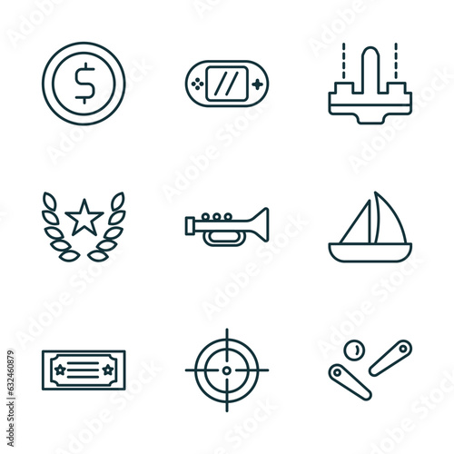 set of 9 linear icons from arcade concept. outline icons such as token, video console, , gold ticket, shooter, pinball vector