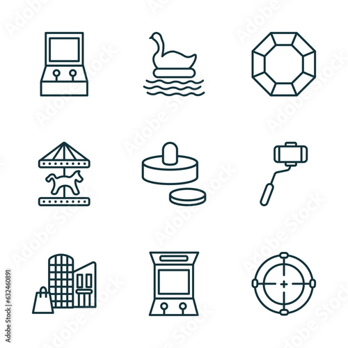 set of 9 linear icons from arcade concept. outline icons such as game hine, swan boat, crystal, mall, arcade hine, shooting game vector