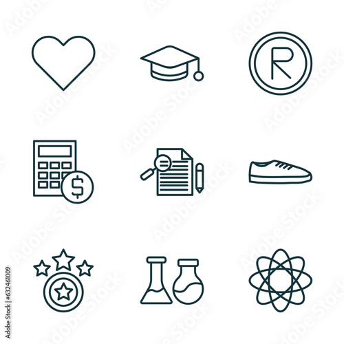 set of 9 linear icons from education concept. outline icons such as love, scholar, registered, proud, chemistry, atom vector