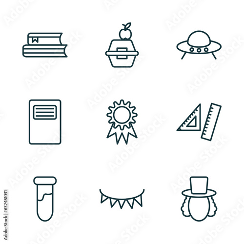 set of 9 linear icons from education concept. outline icons such as books, lunch box, ufo, tube, garland, eugene onegin vector photo