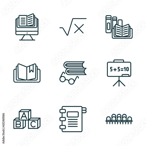 set of 9 linear icons from education concept. outline icons such as studies, square root in class, book shop, baby abc cubes, agenda with bookmarks, grandstand vector