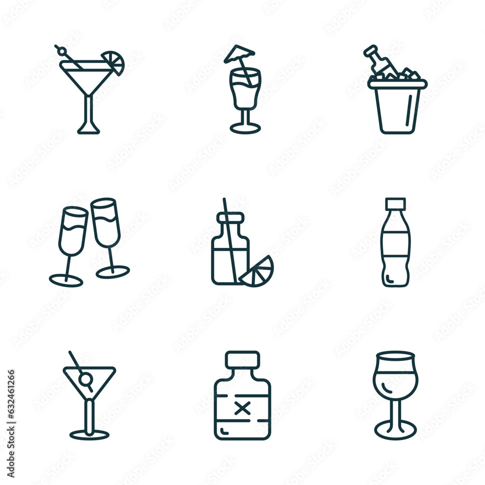 set of 9 linear icons from drinks concept. outline icons such as martinez, mai tai, ice bucket and bottle, manhattan, rum, glass of wine vector