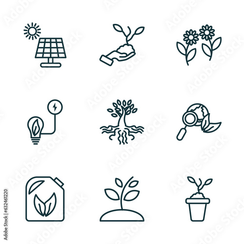 set of 9 linear icons from ecology concept. outline icons such as solar energy, plant on a hand, two flowers, biodiesel, growing plant, eco plant vector