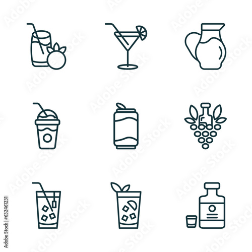 set of 9 linear icons from drinks concept. outline icons such as tomato juice, cosmopolitan, water jug, ice tea, cuba libre, herbal liquor vector
