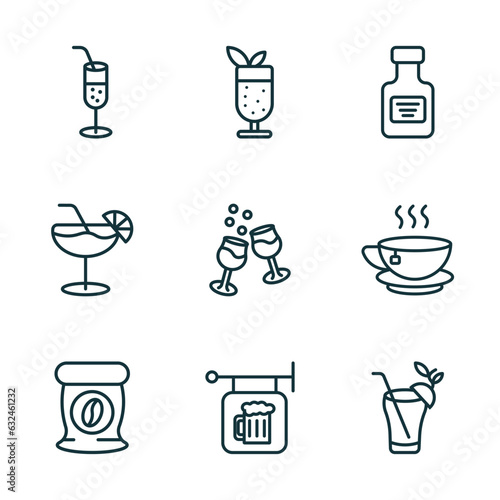 set of 9 linear icons from drinks concept. outline icons such as ramos gin fizz, mint julep, absinthe, coffee bag, pub, bloody mary vector