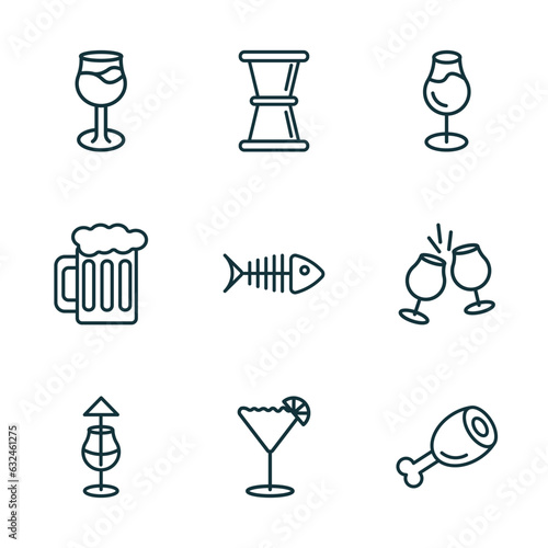 set of 9 linear icons from drinks concept. outline icons such as glass with wine, jigger, glass with wine, mai thai, sidecar drink, ham vector