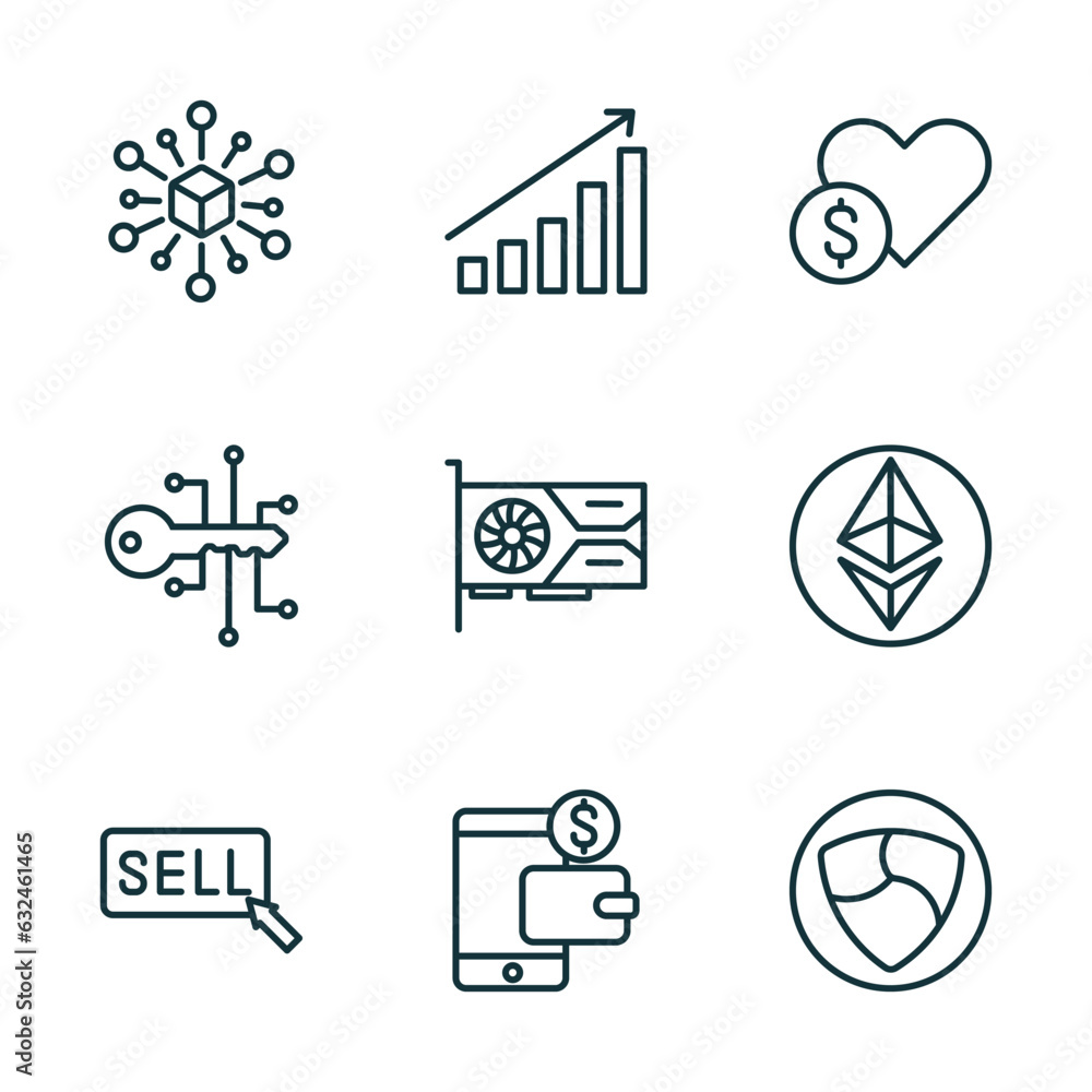 set of 9 linear icons from cryptocurrency concept. outline icons such as decentralized, stocks, donate, sell, digital wallet, nem vector set of 9 linear icons from cryptocurrency concept. outline icons such as decentralized, stocks, donate, sell, digital wallet, nem vector