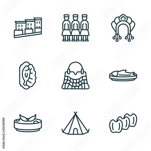set of 9 linear icons from culture concept. outline icons such as bo kaap, army, kokoshnik, gazpacho, native american wigwam, ajotomate vector