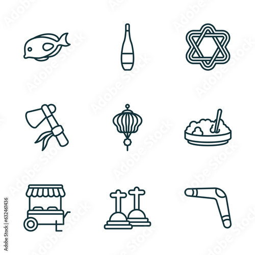 set of 9 linear icons from culture concept. outline icons such as marine fish, orujo, israel star of david, food stall, cemetery, australian boomerang vector