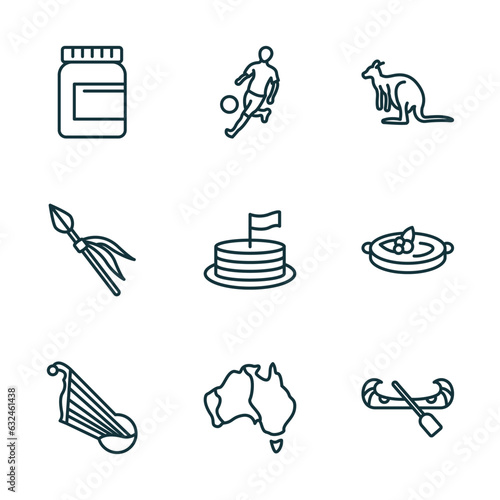 set of 9 linear icons from culture concept. outline icons such as vegemite, brazil soccer player, australian kangaroo, kankles, australian continent, native american canoe vector
