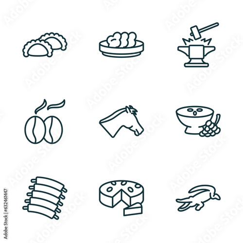 set of 9 linear icons from culture concept. outline icons such as meat pie, onion patties, blacksmith, pork ribs, goat cheese, australian alligator vector