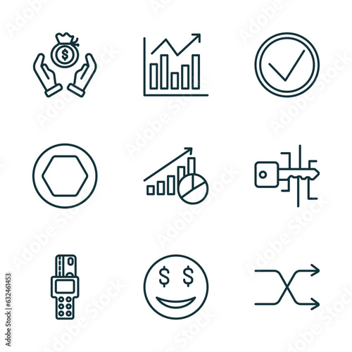 set of 9 linear icons from cryptocurrency concept. outline icons such as saving, market forecast, real, point of service, greed, random vector