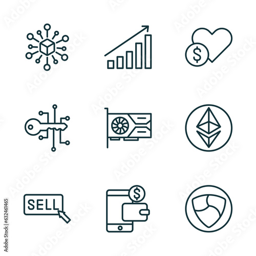 set of 9 linear icons from cryptocurrency concept. outline icons such as decentralized, stocks, donate, sell, digital wallet, nem vector