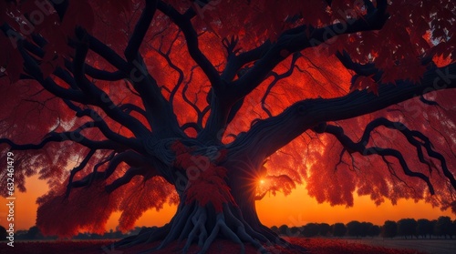 A majestic old tree, its branches adorned with a canopy of fiery red leaves, illuminated by the setting sun.