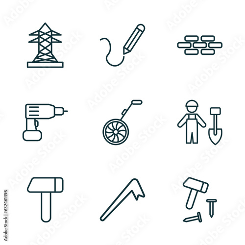 set of 9 linear icons from construction tools concept. outline icons such as electric tower, drawing, brick, brick hammer, crowbar, hammer and nail vector