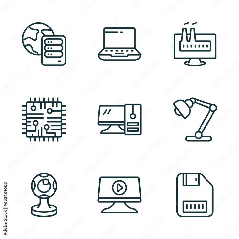 set of 9 linear icons from computer concept. outline icons such as internet server, widescreen laptop, industrial, round webcam, computer video, save file vector set of 9 linear icons from computer concept. outline icons such as internet server, widescreen laptop, industrial, round webcam, computer video, save file vector