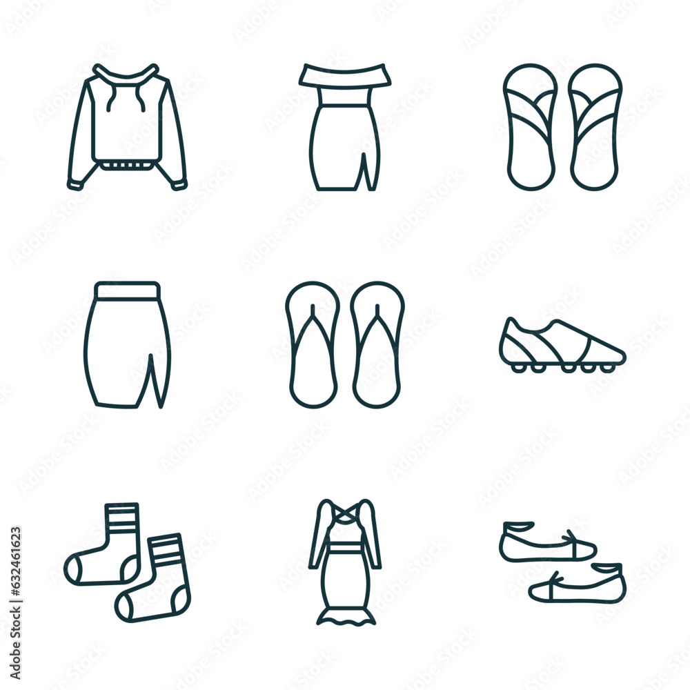 set of 9 linear icons from clothes concept. outline icons such as pullover, off the shoulder dress, sandals, men socks, jersey wrap dress, flat shoes vector set of 9 linear icons from clothes concept. outline icons such as pullover, off the shoulder dress, sandals, men socks, jersey wrap dress, flat shoes vector