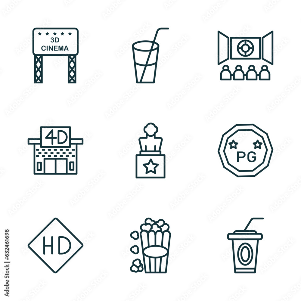 set of 9 linear icons from cinema concept. outline icons such as movie billboard, drink with straw, cinema audience, hd video, popcorn box, papper cup with straw vector set of 9 linear icons from cinema concept. outline icons such as movie billboard, drink with straw, cinema audience, hd video, popcorn box, papper cup with straw vector