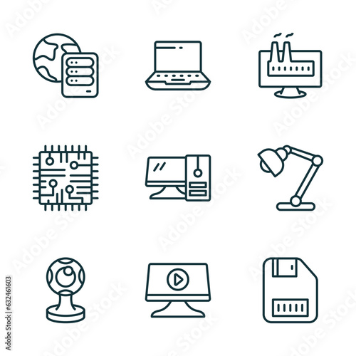 set of 9 linear icons from computer concept. outline icons such as internet server, widescreen laptop, industrial, round webcam, computer video, save file vector