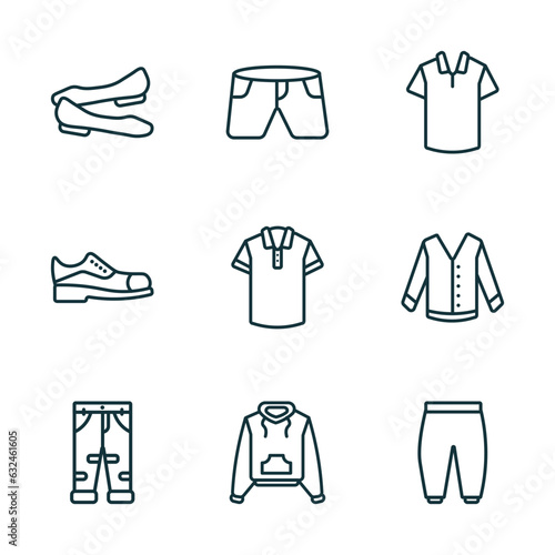 set of 9 linear icons from clothes concept. outline icons such as ballets flats, denim shorts, cotton polo shirt, boyfriend low jean, hooded jacket, harem pants vector