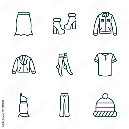 set of 9 linear icons from clothes concept. outline icons such as peplum skirt  ankle boots  denim jacket  one shoulder dress  flare pants  knit hat with pom pom vector