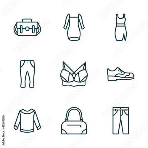 set of 9 linear icons from clothes concept. outline icons such as messenger bag  long sleeveless dress  drees  long sleeves t shirt  barrel handbag  chi pants vector