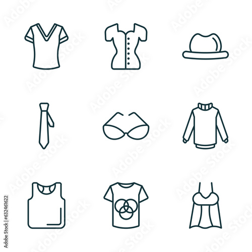 set of 9 linear icons from clothes concept. outline icons such as v neck shirt, blouse, men hat, sleeveless shirt, t shirt with de, draped top vector