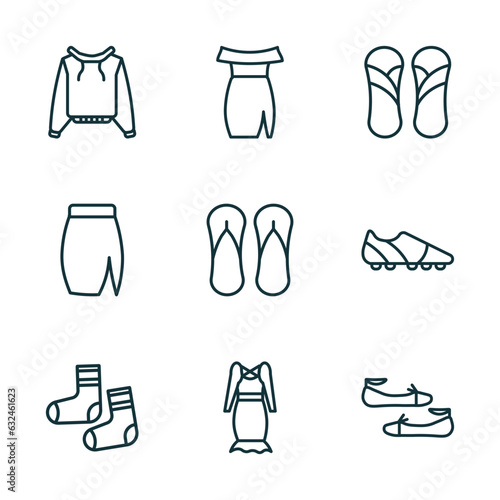 set of 9 linear icons from clothes concept. outline icons such as pullover  off the shoulder dress  sandals  men socks  jersey wrap dress  flat shoes vector