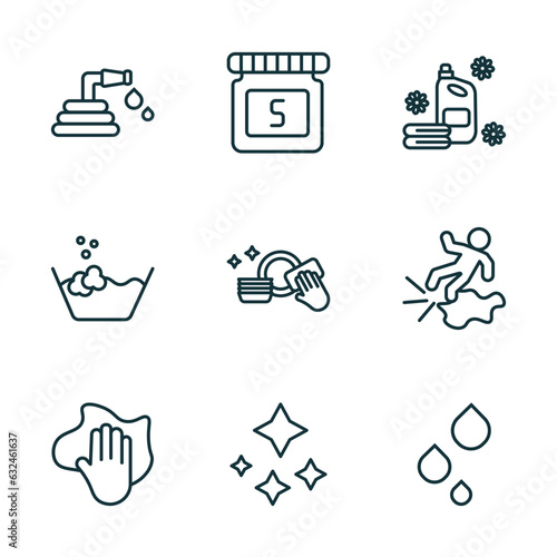 set of 9 linear icons from cleaning concept. outline icons such as garden hose, solvent, softener, wiping, neat, liquid vector